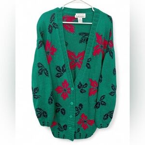 Vintage IZOD Hand Knit Oversized Cardigan Sweater Large Floral Chunky Button